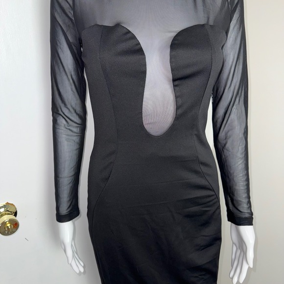 Commense Black Sheer Mesh Long Sleeve Bodycon Midi‎ Dress Cut Out Party Size M - Picture 7 of 17